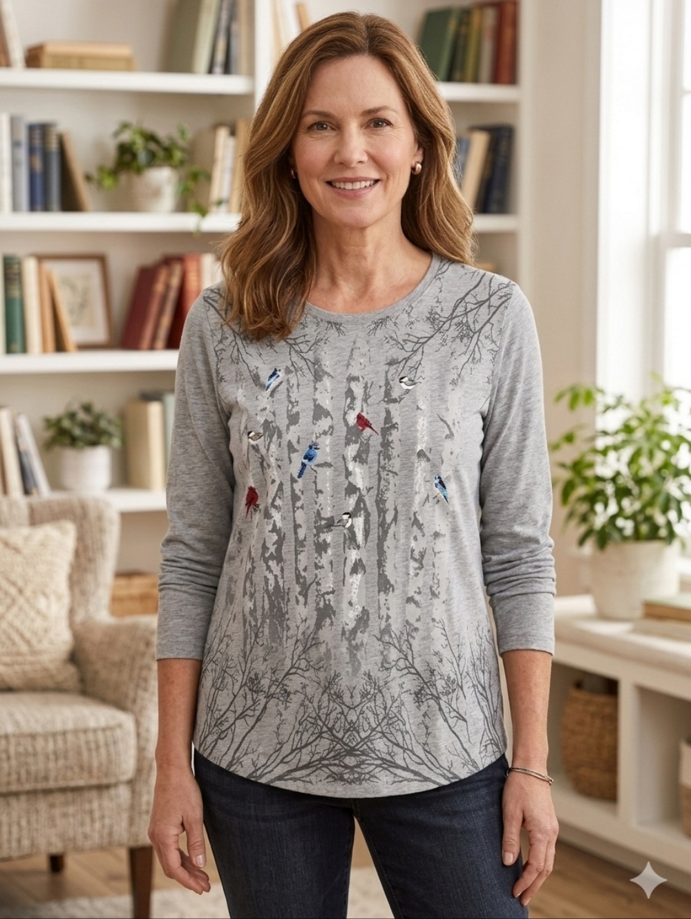 Northern Reflections Gray Long Sleeve Tee with Nature Print
